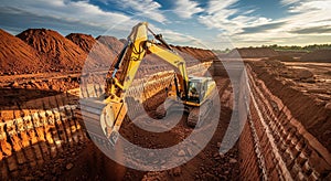 Excavator Digging Trench in Red Soil Construction Site