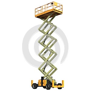 Large yellow extended scissor lift platform on white. 3D illustration