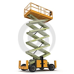 Large yellow extended scissor lift platform on white. 3D illustration