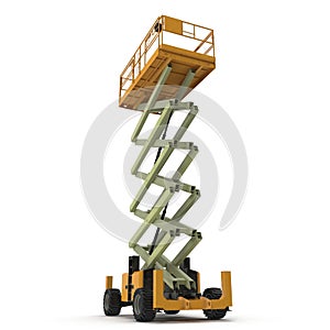 Large yellow extended scissor lift platform on white. 3D illustration