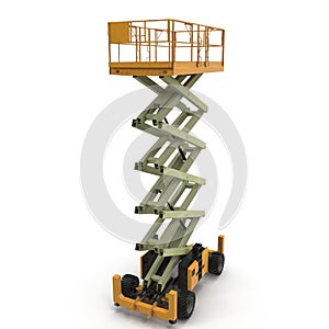 Large yellow extended scissor lift platform on white. 3D illustration