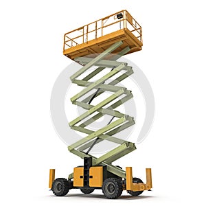 Large yellow extended scissor lift platform on white. 3D illustration
