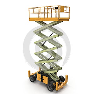 Large yellow extended scissor lift platform on white. 3D illustration