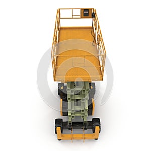 Large yellow extended scissor lift platform on white. Front view. 3D illustration