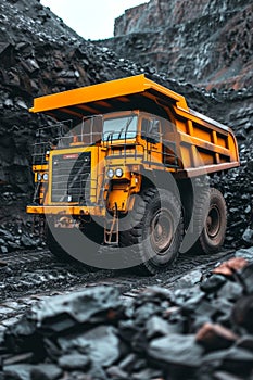 Large yellow mining truck in coal open pit quarry for extractive industry operations