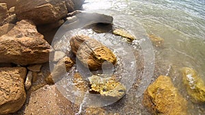 Large yellow sand stones boulders rocks on sandy beach of the sea shore. Natural