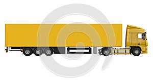 Large yellow truck with a semitrailer. Template for placing graphics. 3d rendering.