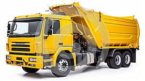 Large Yellow Truck On White Background: Trashcore Metalworking Mastery