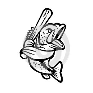 Largemouth Bass With Baseball Bat Batting Mascot Black and White