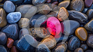 A larger ovalshaped pebble emits a vibrant pink phosphorescent glow standing out a the other more muted colored pebbles photo