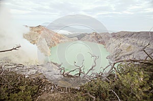 Acidic crater lake at Cava Ijen vocalno crater,east java, indonesia