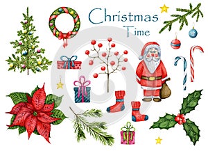 LargÑƒ holiday watercolor set `Christmas time`. Santa Claus, Christmas wreath and tree, poinsettia, holly, sprig of viburnum