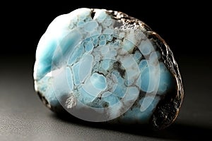 Larimar is a rare precious natural stone on a black background. AI generated. Header banner mockup with space.