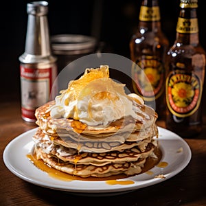 Larme Kei Pancakes With Whipped Cream And Munich Helles Lager photo
