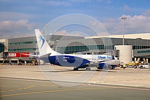 Blue Air airplane in Larnaca airport, Cyprus