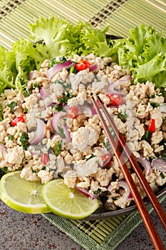 Larp or larb gai is a classic Thai Laos chicken salad, packed with delicious lemongrass, lime, cilantro and chili closeup on the