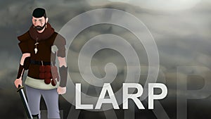 Larp word text with Warrior armed with sword viking and leather armor on a gradient background. With copyspace for your text. Larp