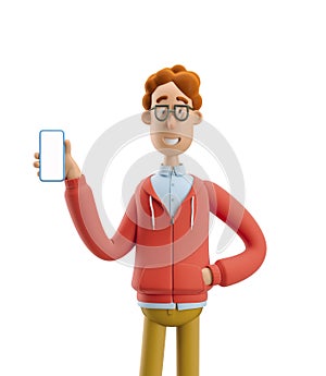 3d illustration. Nerd Larry  holds the phone. photo