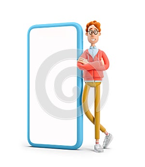 3d illustration. Nerd Larry standing next to a large phone photo