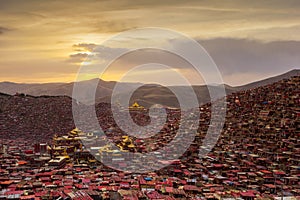 Larung gar (Buddhist Academy) in sunset, Sichuan, China.