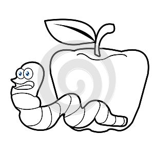 Larva worm and apple cartoon coloring page for toddle