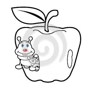 Larva worm and apple cartoon coloring page for toddle