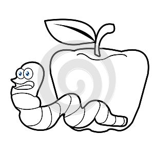 Larva worm and apple cartoon coloring page for toddle photo