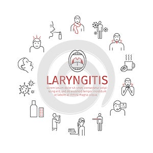 Laryngitis banner. Symptoms, Treatment. Line Icons set. Vector illustration