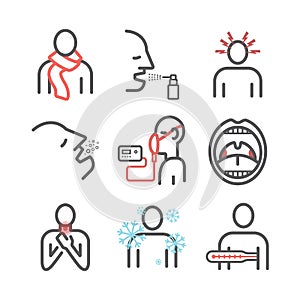 Laryngitis. Symptoms, Treatment. Line Icons set. Vector illustration