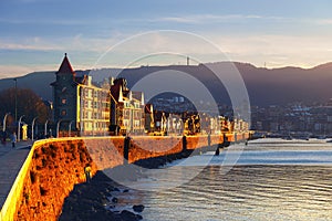 Las Arenas of Getxo seafront at sunset