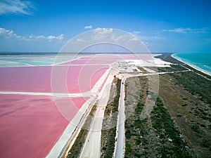 Las Coloradas Pink lake , Mexico . Drone photo