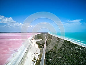 Las Coloradas Pink lake , Mexico . Drone photo