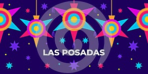 Las posadas. Vector web banner, poster, card for social media, networks. Text las posadas, pinata mexican star on blue background photo