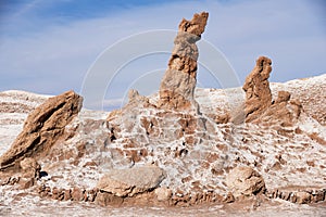 Las tres Marias Three Marys formation rocks in Valle de la Luna in San Pedro de Atacama, Chile.