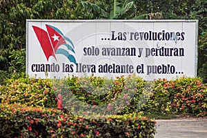 LAS TUNAS, CUBA - JAN 27, 2016: Propaganda billboard at Plaza de la Revolucion Square of the Revolution in Las Tunas
