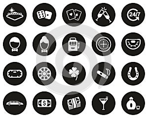 Las Vegas City & Culture Icons White On Black Flat Design Circle Set Big photo