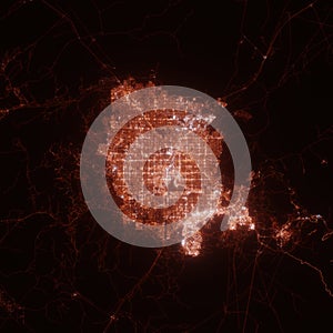 Las Vegas city lights map, top view from space. Aerial view on night street lights. Global networking, cyberspace