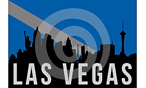 Las Vegas City skyline and landmarks silhouette, black and white design with flag in background, vector illustration