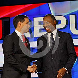 LAS VEGAS - DECEMBER 15: Republican presidential candidate former Dr. Ben Carson shakes hands with Senator Marco Rubio at CNN repu