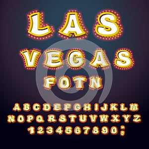 Las Vegas font. Glowing lamp letters. Retro Alphabet with lamps.