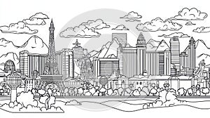 Las Vegas Nevada Skyline Coloring Page Single line drawing of Las Vegas skyline symbolizing gambling entertainment luxury photo