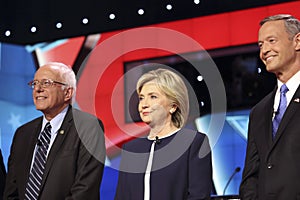 LAS VEGAS, NV - OCTOBER 13 2015: (L-R) Democratic presidential debate features candidates Bernie Sanders, Hillary Clinton and Mar