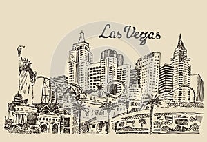 Las Vegas skyline engraved vector illustration