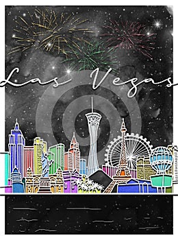 Las Vegas Skyline At Night Line Art Illustration, USA City Illuminated by Neon Lights and Fireworks