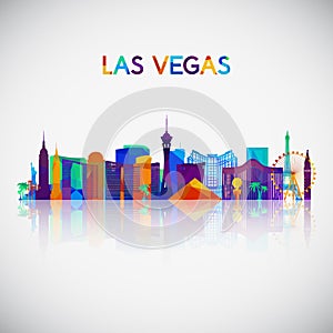 Las Vegas skyline silhouette in colorful geometric style.