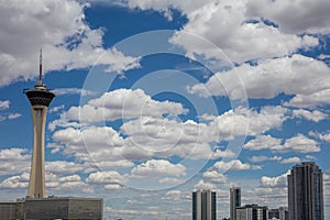 Las Vegas skyscrappers against blue sky with clouds background, Nevada USA