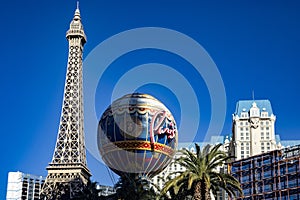 Las Vegas, USA January 18, 2023: Paris Las Vegas hotel, casino and resort with the enigmatic and famous Eiffel Tower.