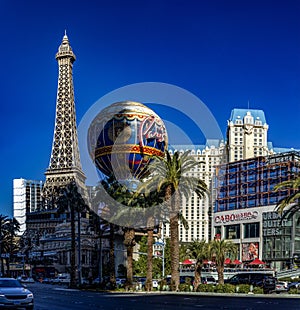 Las Vegas, USA January 18, 2023: The Paris Las Vegas hotel, casino and resort with the enigmatic and famous Eiffel Tower.