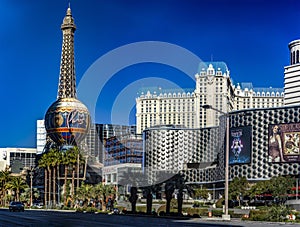 Las Vegas, USA January 18, 2023: The Paris Las Vegas hotel, casino and resort with its Eiffel Tower and hot air balloon.