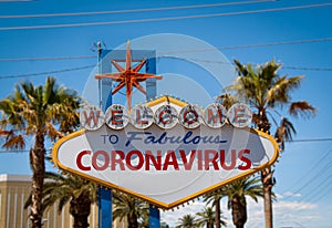 Las Vegas welcome sign with coronavirus word on it